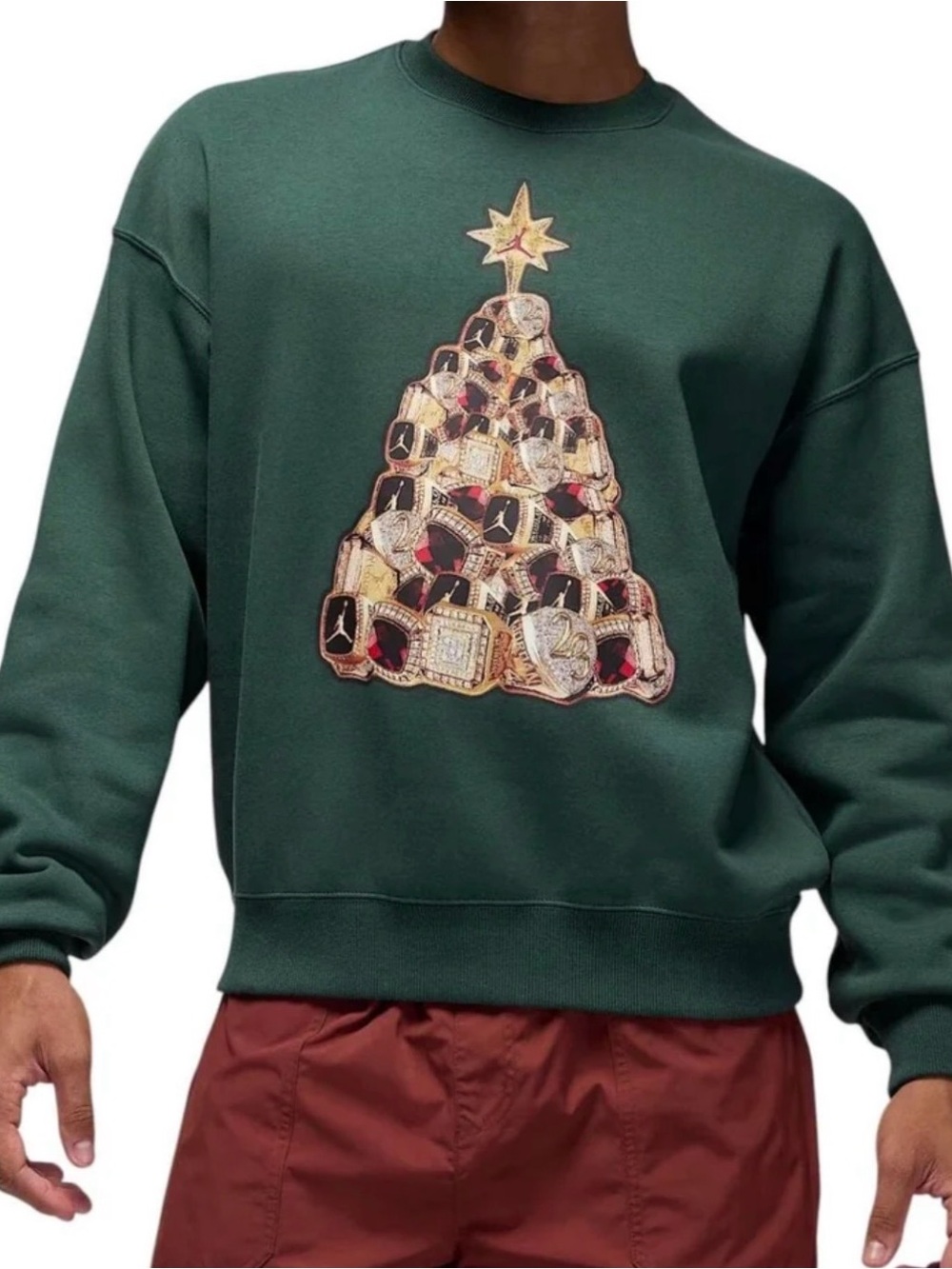 Jordan Brooklyn Holiday Fleece Crewneck Sweatshirt Midnight Green Ring Tree Sz S